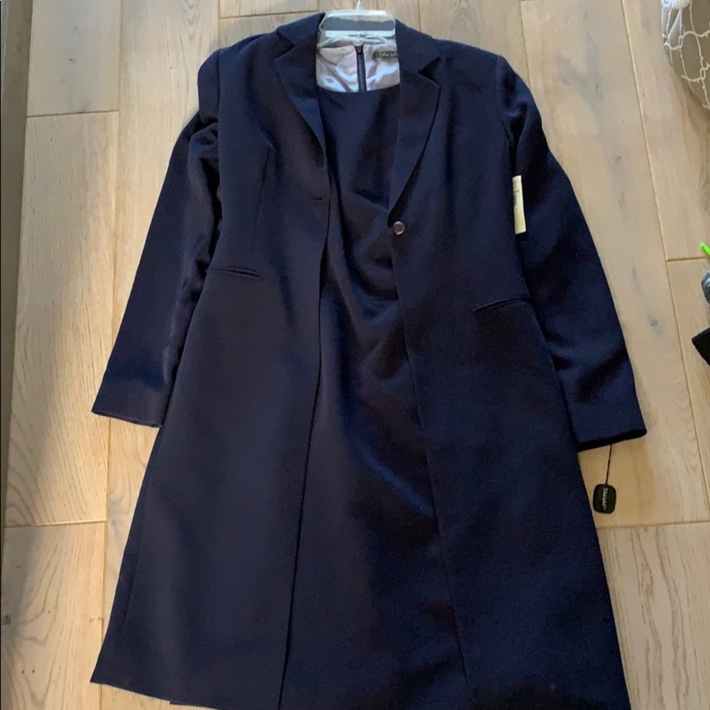 3 piece suit, long jacket, shift dress and pants.